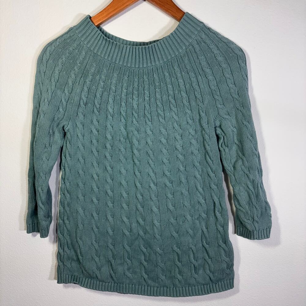 Talbots Petite Cable Knit Sweater Teal Cotton Crewneck Classic Size P - Picture 1 of 6